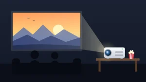 Ilustración de un mini proyector sobre una mesa proyectando una película en la pared del salón